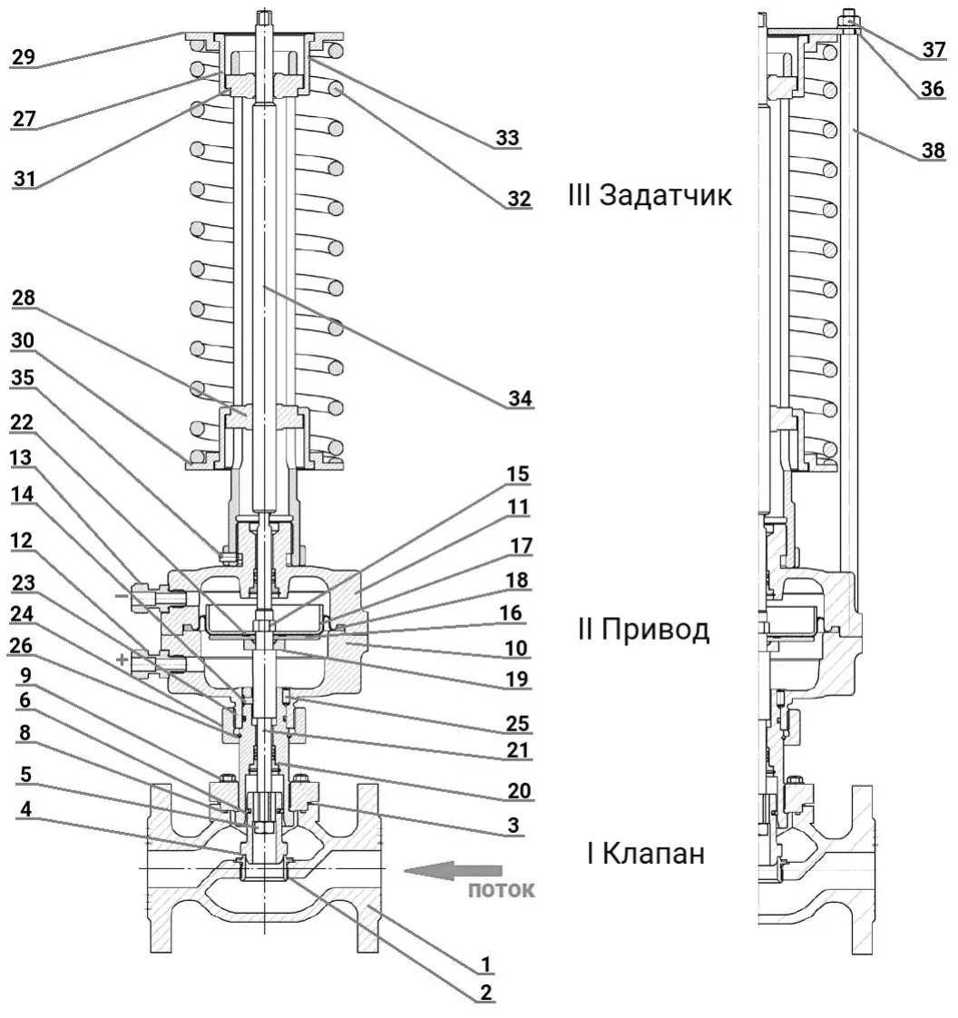 Регулятор давления до себя PRB1030N-F-DA Ду40 Ру16 Kvs25 прямого действия, серый чугун СЧ20, фланцевый, Tmax до 150°С, диапазон настройки 3 (3 - 7 кгс/см2)