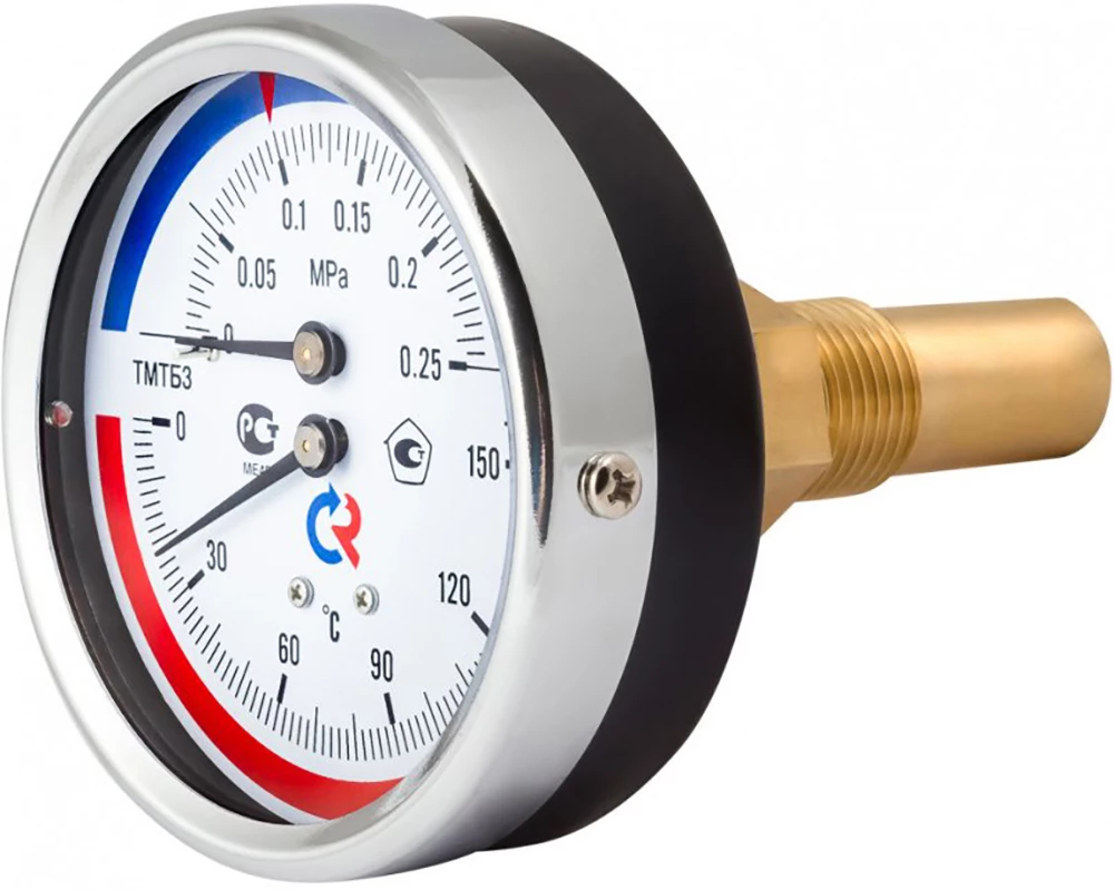Термоманометр Росма ТМТБ-31Т.1 (0-120°C) (0-0,4MПa) G1/2 2,5, корпус 80мм, тип - ТМТБ-31T.1, длина клапана 46мм, до 120°С, осевое присоединение, 0-0,4MПa, резьба G1/2, класс точности 2.5