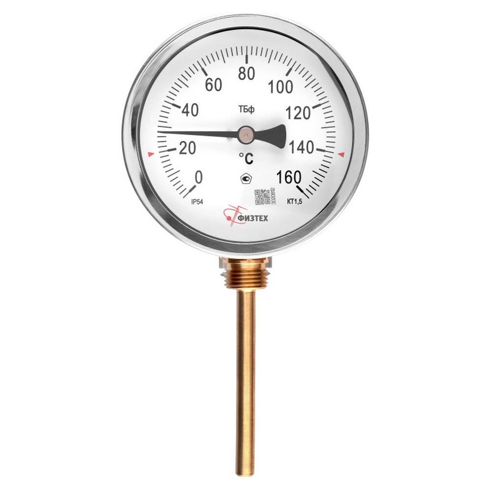 Термометр радиальный ФИЗТЕХ ТБф-120 d-100 U=100 (0-160°C), биметаллический 100 мм, тип -ТБф-120, радиальное присоединение, шкала (0-160°С), погружной шток U=100, IP54, присоединение A2.0х14, класс точности 1.5
