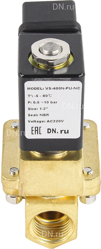 Клапан электромагнитный 3/8″ Ду10 Ру16 пилотного действия двухходовой, корпус - латунь, присоединение - внутренняя резьба, уплотнение - NBR, нормально-закрытый, катушка - 24В AC (VS400-NT-NC-24VAC)