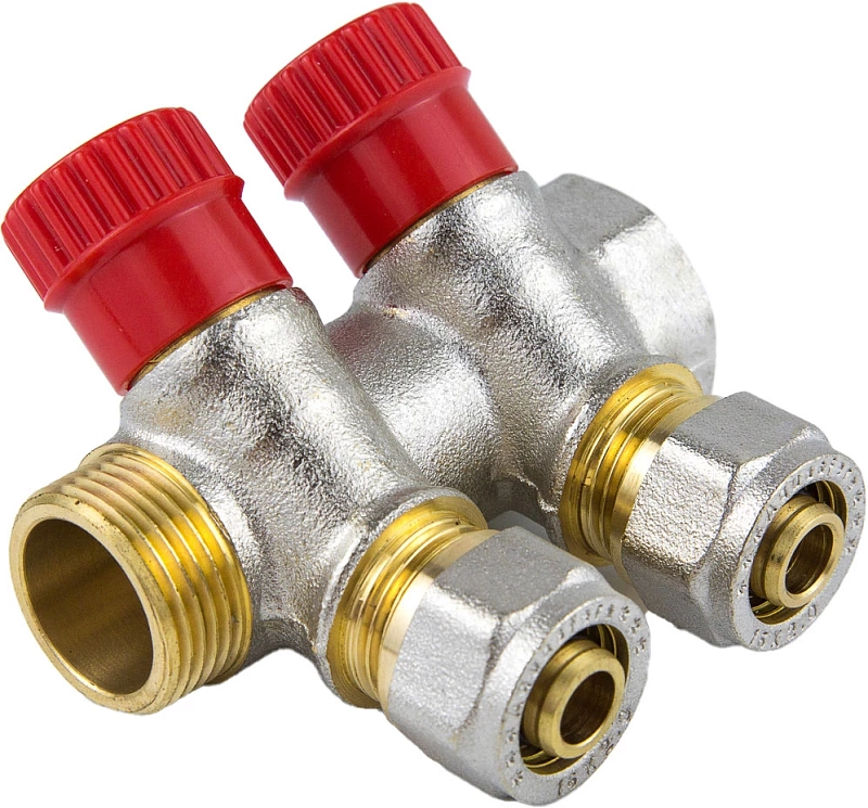 Коллектор Aquasfera 7018-01 3/4″ Ду20 Py16 выходов 2x16 мм обжим с регулирующими клапанами, красные ручки для МП труб, вн/нар резьба, корпус латунь, с межосевым расстоянием выходов 35 мм