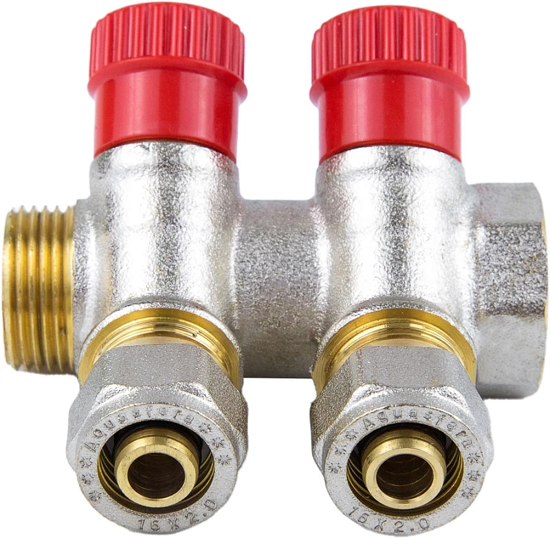 Коллектор Aquasfera 7018-01 3/4″ Ду20 Py16 выходов 2x16 мм обжим с регулирующими клапанами, красные ручки для МП труб, вн/нар резьба, корпус латунь, с межосевым расстоянием выходов 35 мм