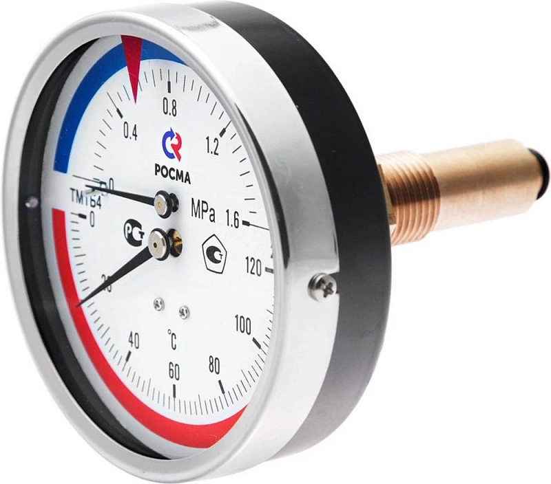 Термоманометр Росма ТМТБ-41Т.2 (0-120°C) (0-0,25MПa) G1/2 2,5, корпус 100мм, тип - ТМТБ-41T.2, длина клапана 64мм, до 120°С, осевое присоединение, 0-0,25MПa, резьба G1/2, класс точности 2.5