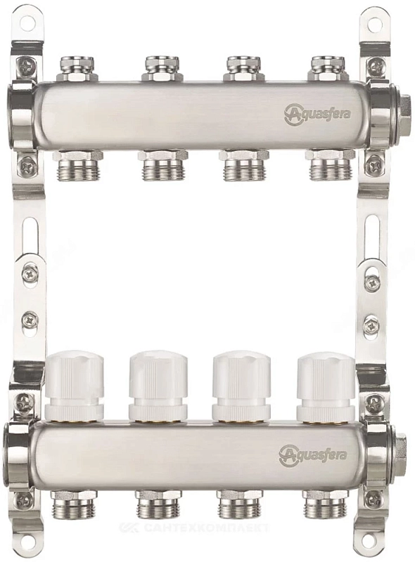 Группа коллекторная Aquasfera 9504 Ду25 Ру10 внутренняя резьба, выходов 6х3/4″ наружная резьба под евроконус с балансировочными и регулирующими клапанами, нержавеющая сталь