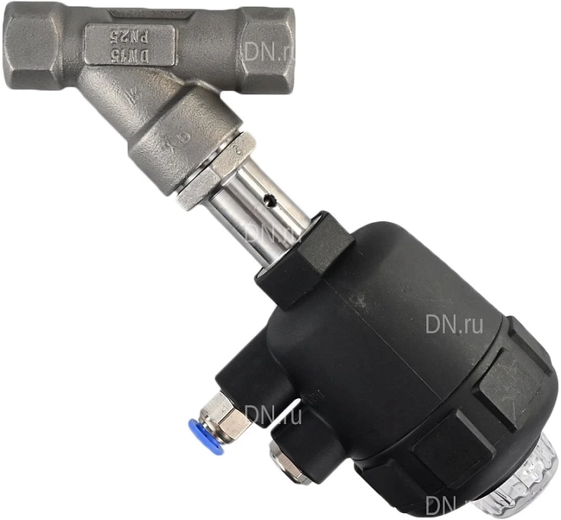 Клапан отсечной пневматический 1/2″ Ду15 Ру25, корпус - нержавеющая сталь SS316, резьбовой, Y-образный, корпус привода - пластик (VSP3241P-T-1PNC)