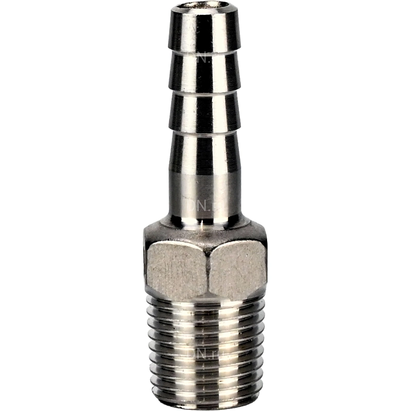 Штуцер елочка BF31-T-3/8-12 3/8″х12мм Ду10 Ру16 шланговый, корпус - нержавеющая сталь AISI 304 (CF8), присоединение - наружная резьба/штуцер